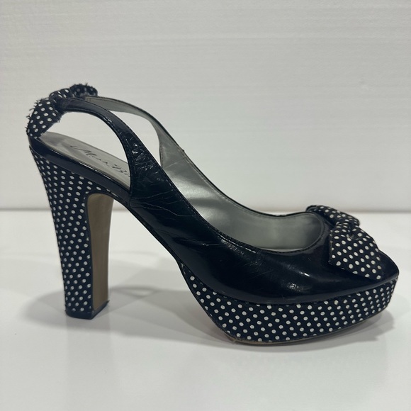 Miss Bison Sling Back Black and White Polka Dot Heels - Picture 1 of 6